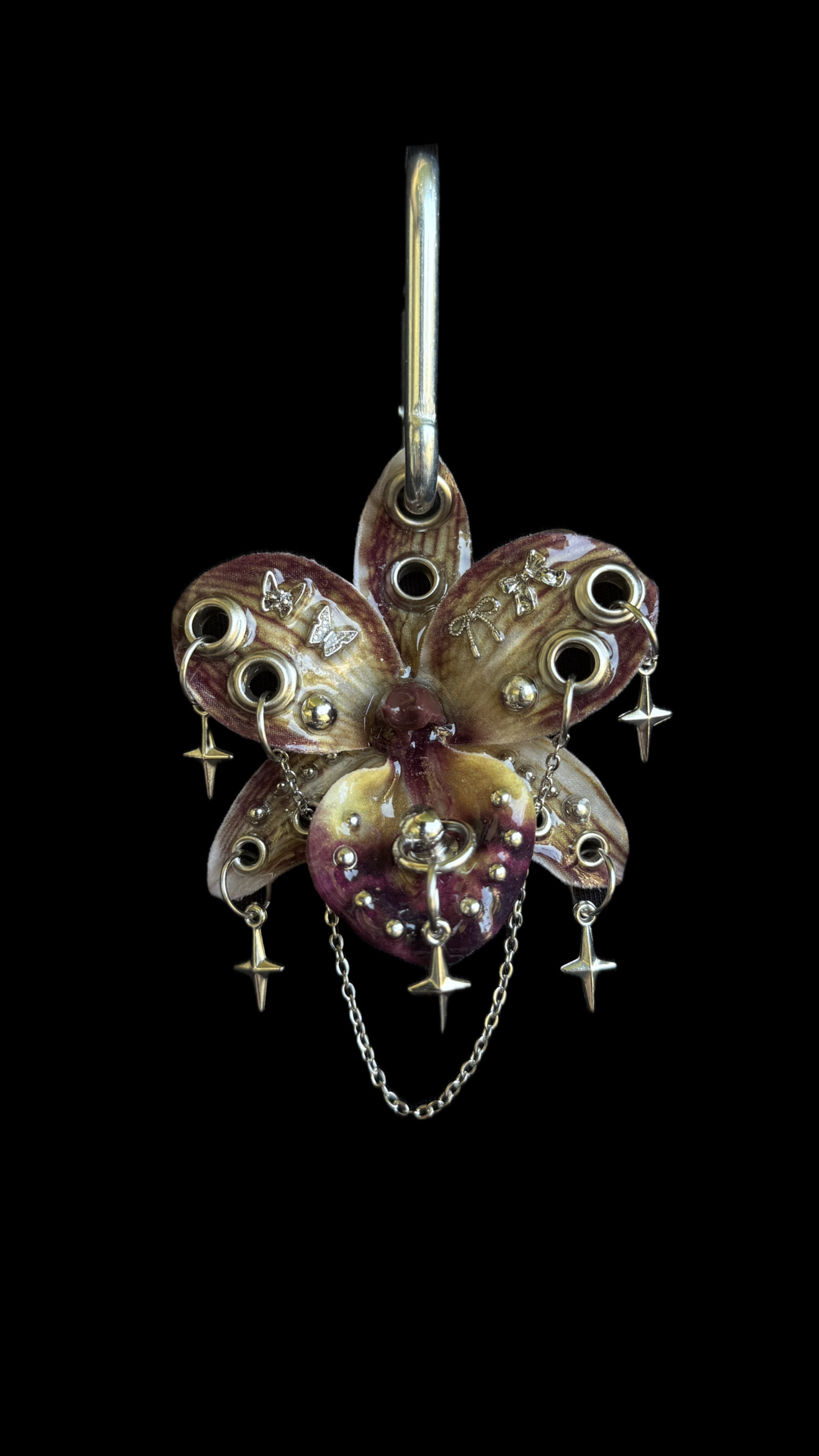 Grunge Fairycore Clip • Burgundy and Gold • Pierced Resin Orchid with Butterflies Bows and Spikes Trinket • Whimsigoth Y2K