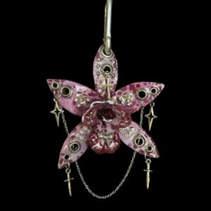 Celestial Coquette Bag Charm • Pink and Burgundy • Pierced Resin Orchid with Stars Cross Hearts and Sword Dangles Trinket