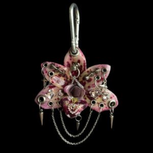 Punk Flower Keychain Spiked Grunge Alt Goth • Pink and Magenta • Pierced Resin Orchid with Spikes Hearts and Chains Trinket