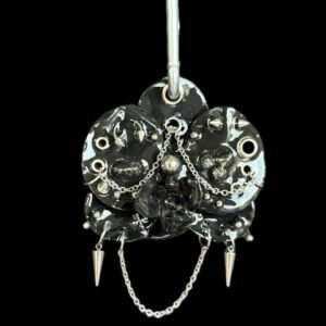 Whimsigoth Backpack Clip • Glossy Black and Silver • Pierced Studded Resin Orchid with Spikes Chains and Grommets Trinket