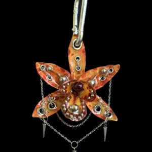 Punk Backpack Keychain • Fiery Orange and Rust • Pierced Studded Resin Orchid with Spikes Rings Chains and Studs Trinket