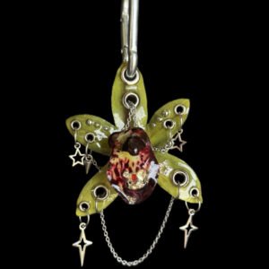 Grunge Fairycore Backpack Clip • Chartreuse and Burgundy • Pierced Resin Orchid with Bear Stars Spikes and Chains Trinket