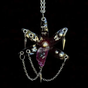Gothic Style Necklace • Black and White Tone • Pierced Resin Orchid Star with Spider and Bowtie Butterfly Trinket for Gifts