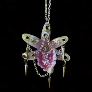 Pastel Goth Style Necklace • White and Pink Tone • Pierced Resin Orchid with Bow and Spiked Star Pendant Trinket for Gifts